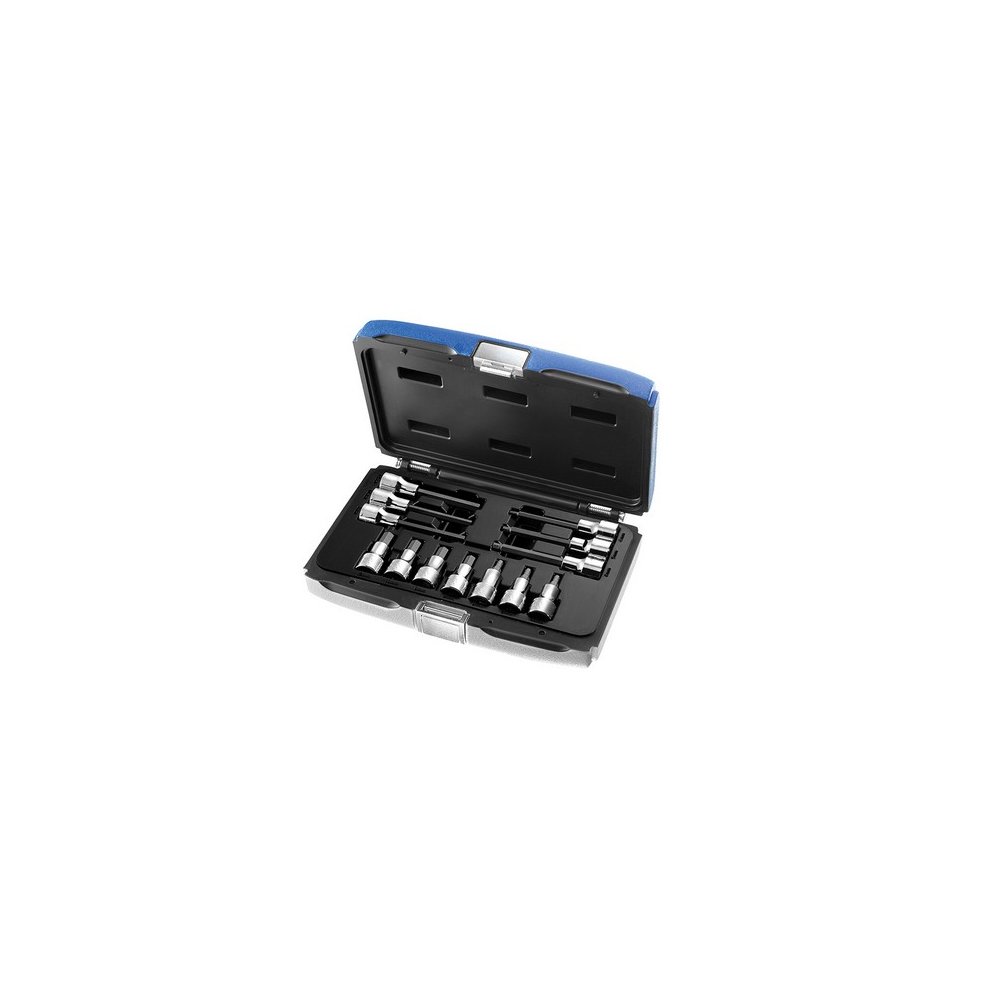 Hex bit socket set featuring 13 chrome vanadium steel sockets in a sturdy black case with a blue lid, designed for 1/2 inch drive applications.