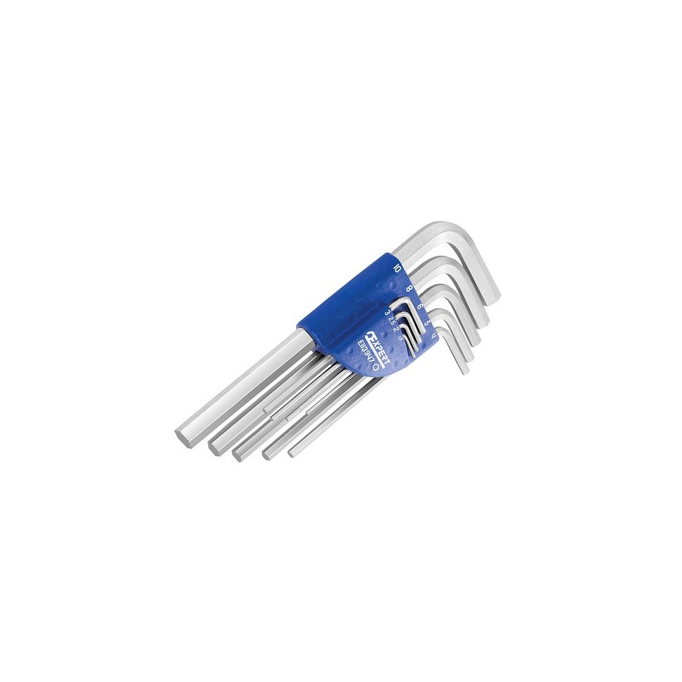 Nine-piece metric hex key set in a blue holder, featuring silver steel hex keys ranging from 1.5 mm to 10 mm, designed for precision and durability.
