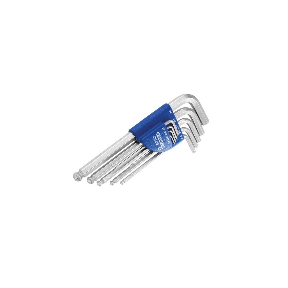 Eight-piece long ball end hexagon Allen key set in silver steel with a blue holder, designed for imperial sizes, featuring a convenient storage solution.