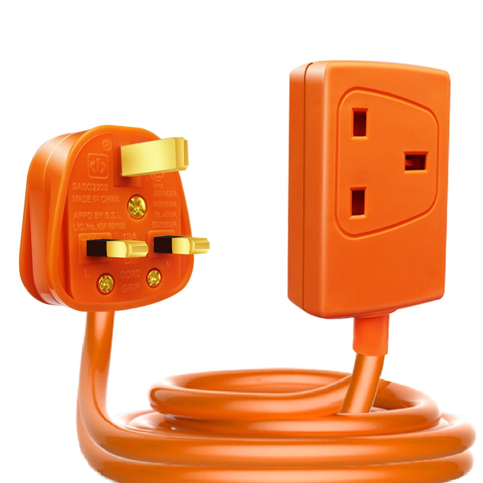 Bright orange 15M extension lead with a 13A plug and socket, featuring a durable plastic casing and a flexible cable design for easy use.