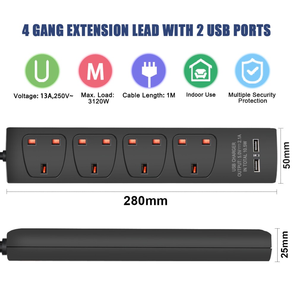 ExtraStar 13A 1m 4 Socket Black Unswitched Extension Lead with 2 USB Port - image 2