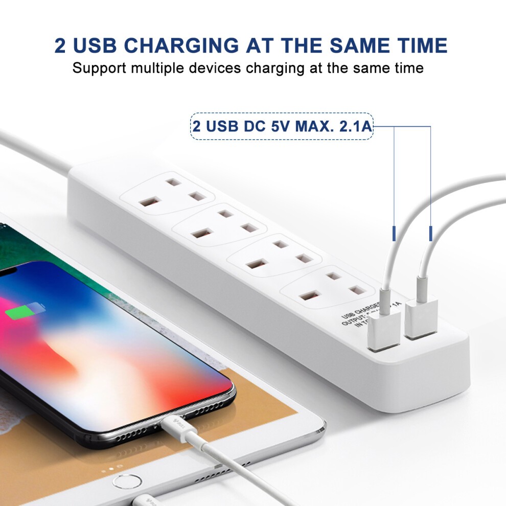 ExtraStar 13A 1m 4 Socket White Unswitched Extension Lead with 2 USB Port - image 2