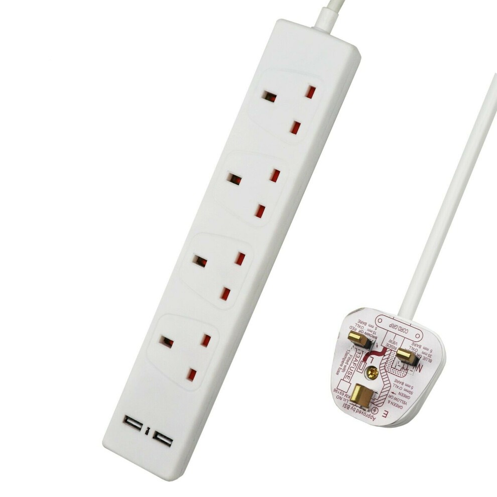 White 4-gang extension lead with built-in USB ports, 1 meter long, featuring red socket switches and a UK plug with a white cable.