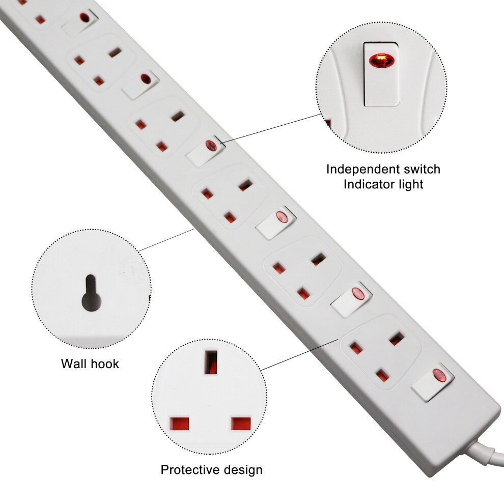 ExtraStar 13A 2m 6 Socket Child Resistant White Extension Lead with Indicate Light and Individual Switch - image 2