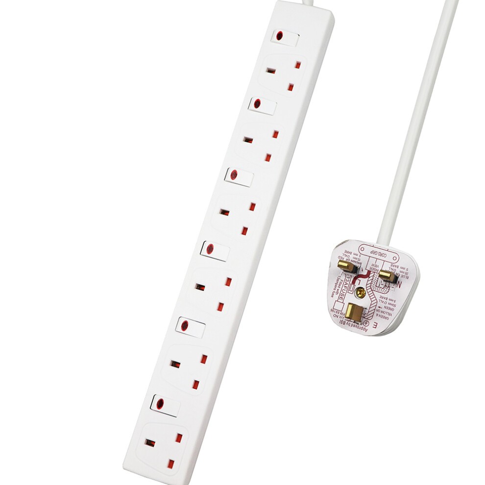 White 6-way power strip with 13A rating, 2-meter cord, individual switches, child-resistant sockets, and an indicator light for power status.