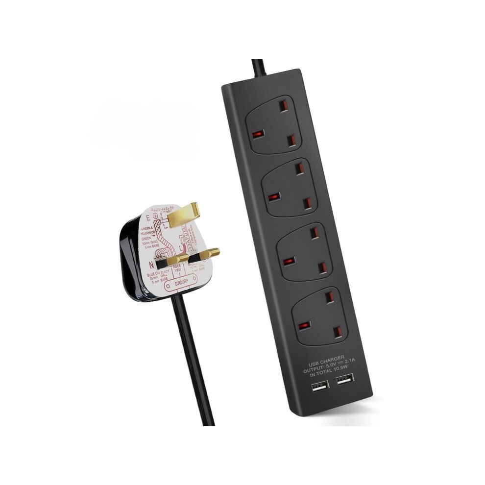 Black 4-gang extension lead with built-in USB ports, 3 meters long, made of durable plastic, featuring four sockets and a UK plug for convenient charging.