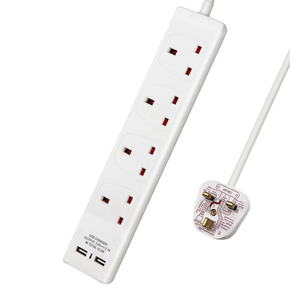 White 4-gang extension lead with built-in USB ports, 5 meters long, featuring four UK power sockets and a white power plug with red switches.