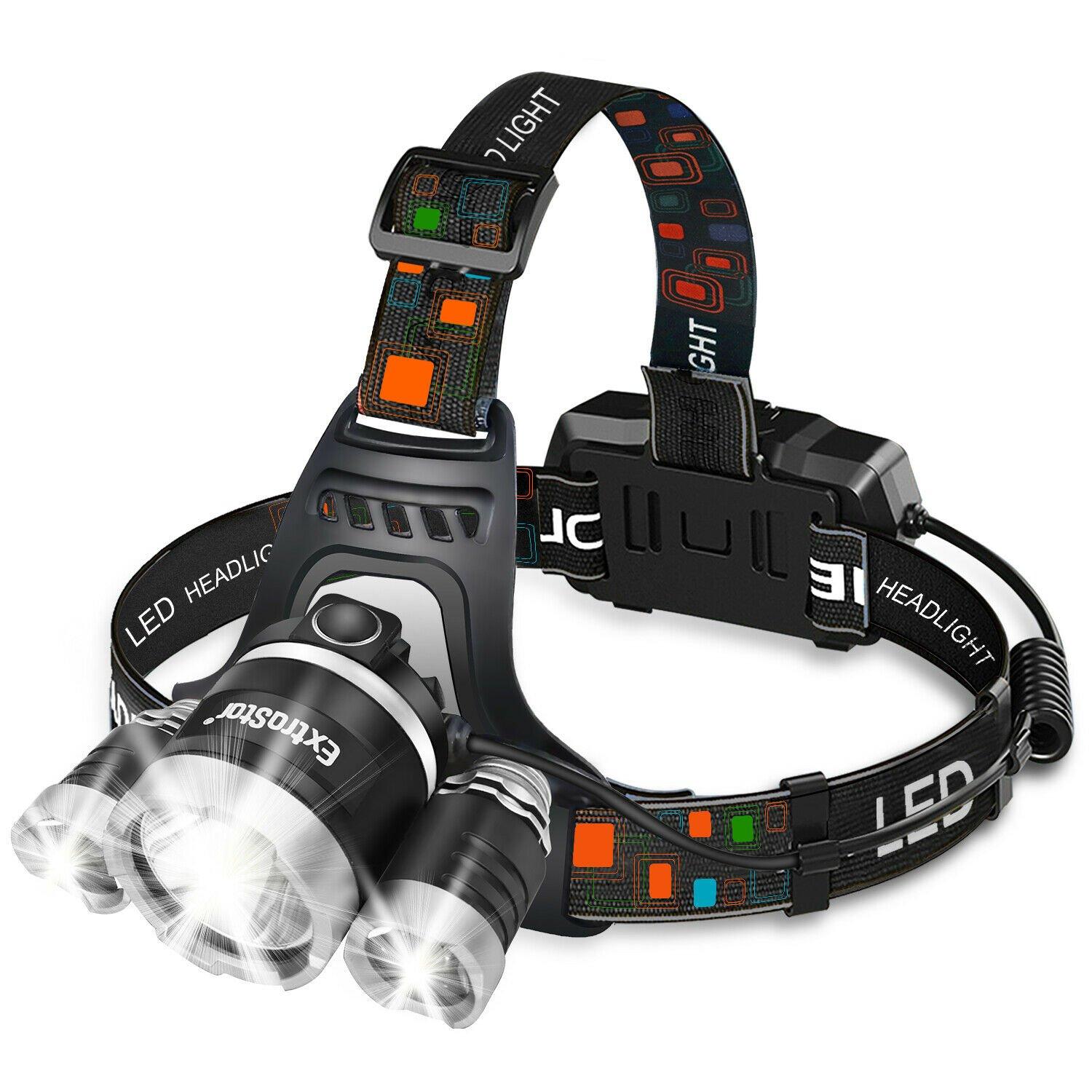 Black LED headlight torch with adjustable straps, featuring three bright LED bulbs, a rechargeable 18650 battery, and four light modes for versatile use.