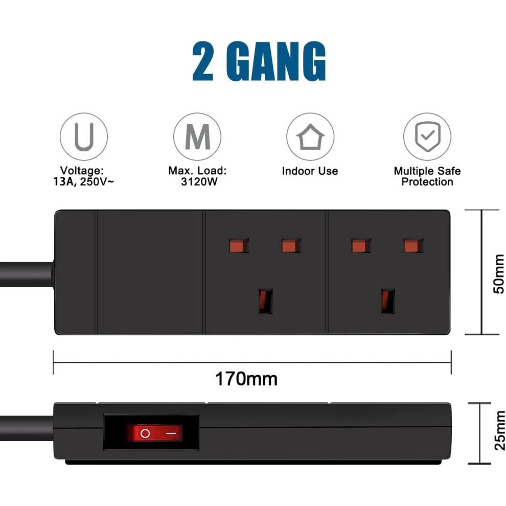 Black 2-gang extension lead with side switch, 1 meter long, 13A, featuring red indicator lights, made of durable plastic, designed for indoor use.