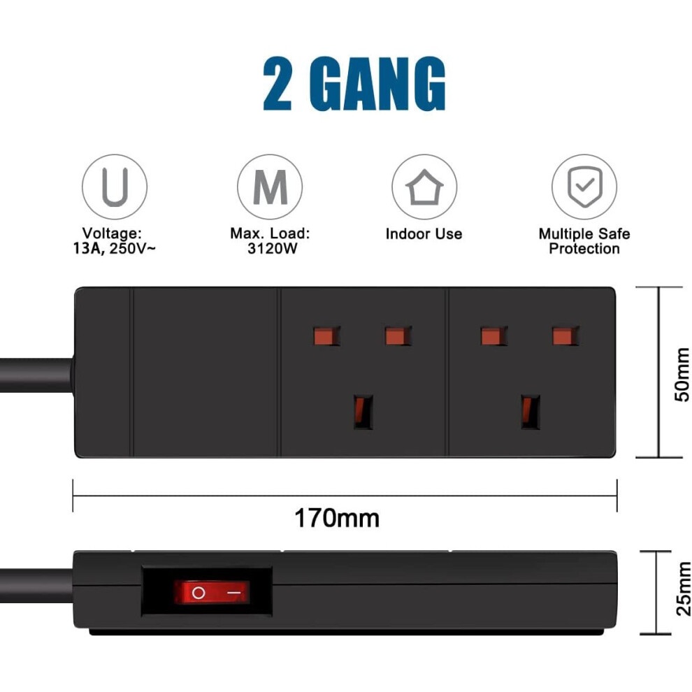 ExtraStar 2 Gang Black 13A Indicator Side Switched Extension Lead 2m - image 3