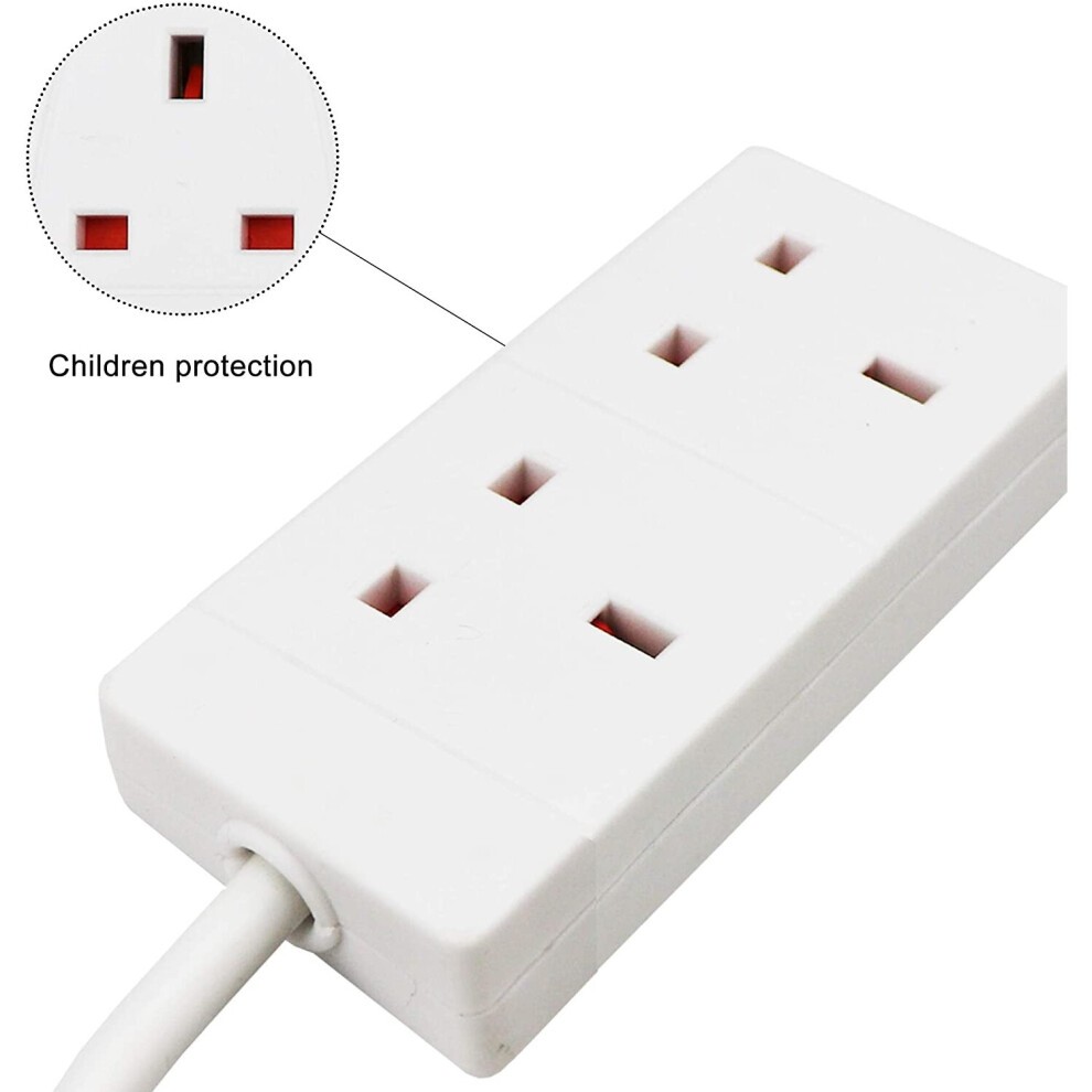 Two-way white extension lead with a 5-meter cable, featuring three UK sockets, 13A rating, and child protection safety feature.