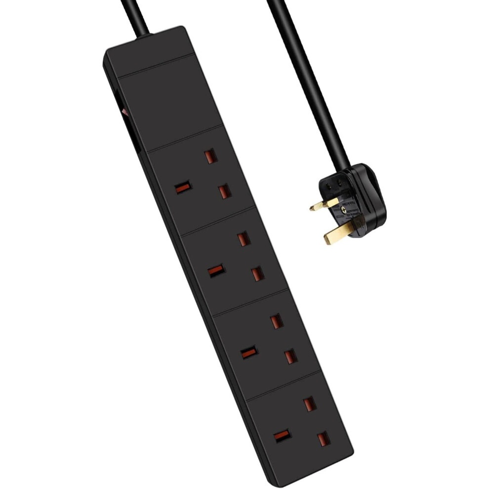 Black 4-gang extension lead with a 1M cable, featuring an LED indicator and a side switch, equipped with a UK plug and four red socket outlets.