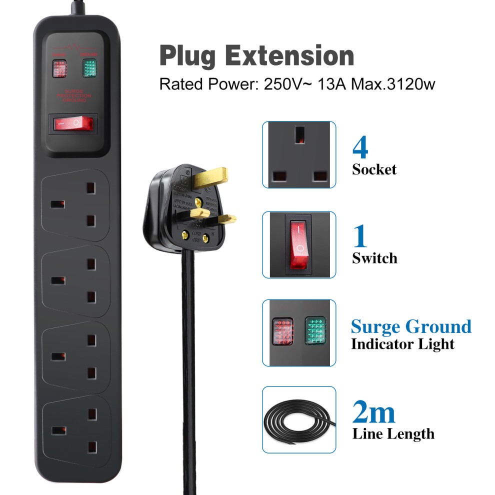 Black 4-gang surge-protected extension lead with a 2-meter cord, featuring four sockets, a single switch, and a surge ground indicator light.