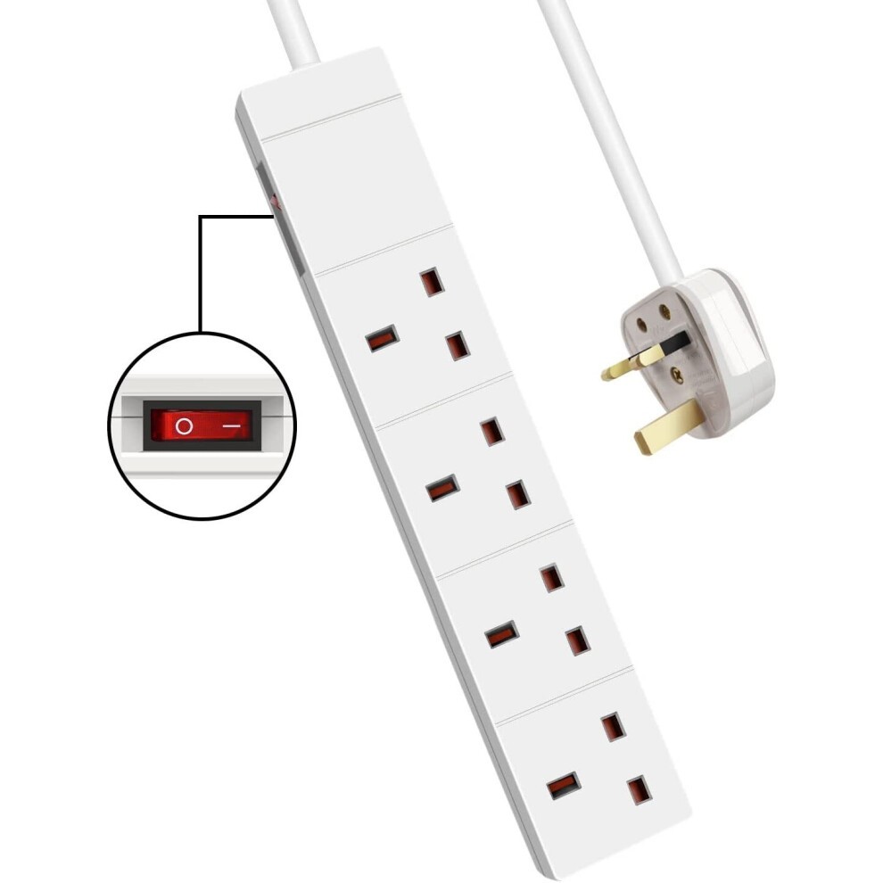 White 4-gang extension lead with LED indicator and side switch, 1M length, 13A UK plug, designed for up to 3120W, featuring four sockets for multiple devices.