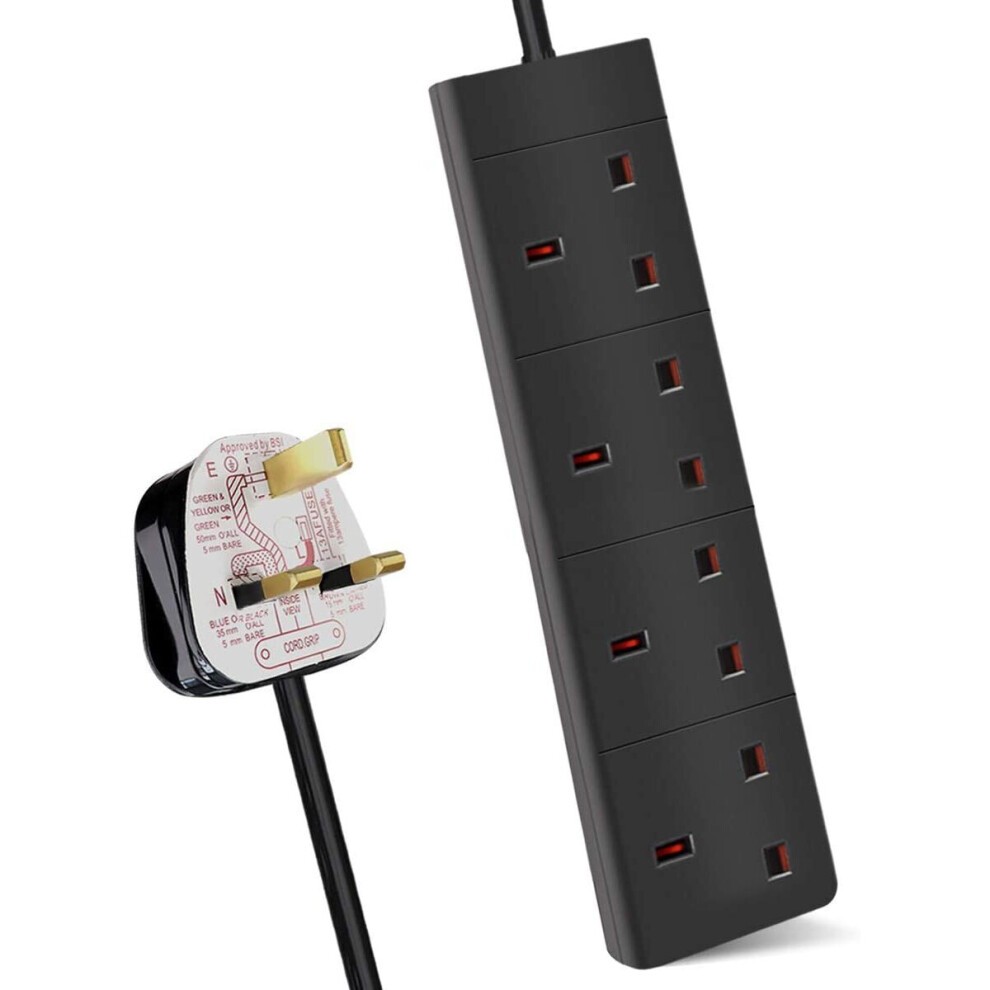 Black 4-way extension lead with a 1-meter cable, featuring four sockets and a UK plug, designed for 13A capacity, made of durable plastic.