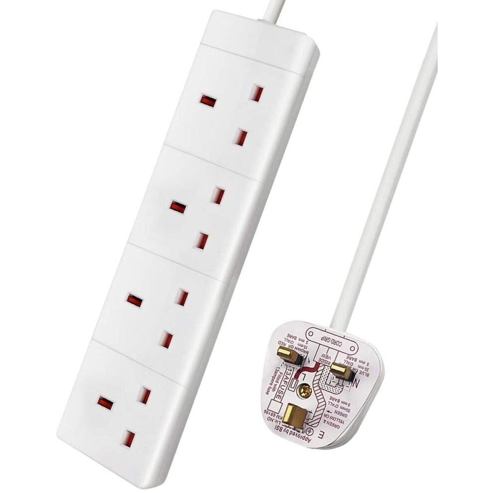 White 4-way extension lead with a 5-meter cable, featuring four UK sockets and a 13A rating, designed for convenient power distribution.