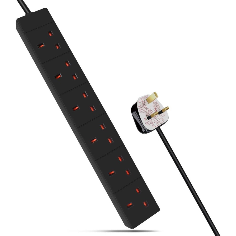 Black 6-way extension lead with a 1-meter cable, featuring six red socket outlets and a UK plug, made from durable plastic.