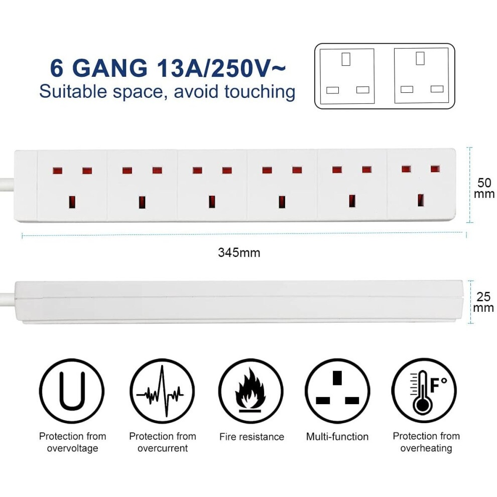 White 6-way extension lead with 1-meter cable, featuring six sockets, red indicator lights, and safety features like protection from overheating and fire resistance.