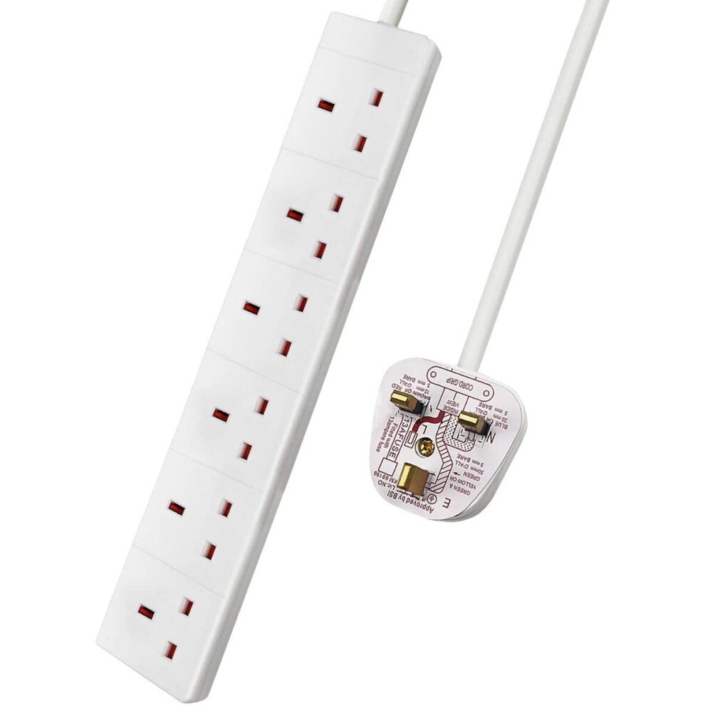 White 6-way extension lead with a 5-meter cord, featuring six red socket outlets and a white plug with safety features, suitable for 13A usage.