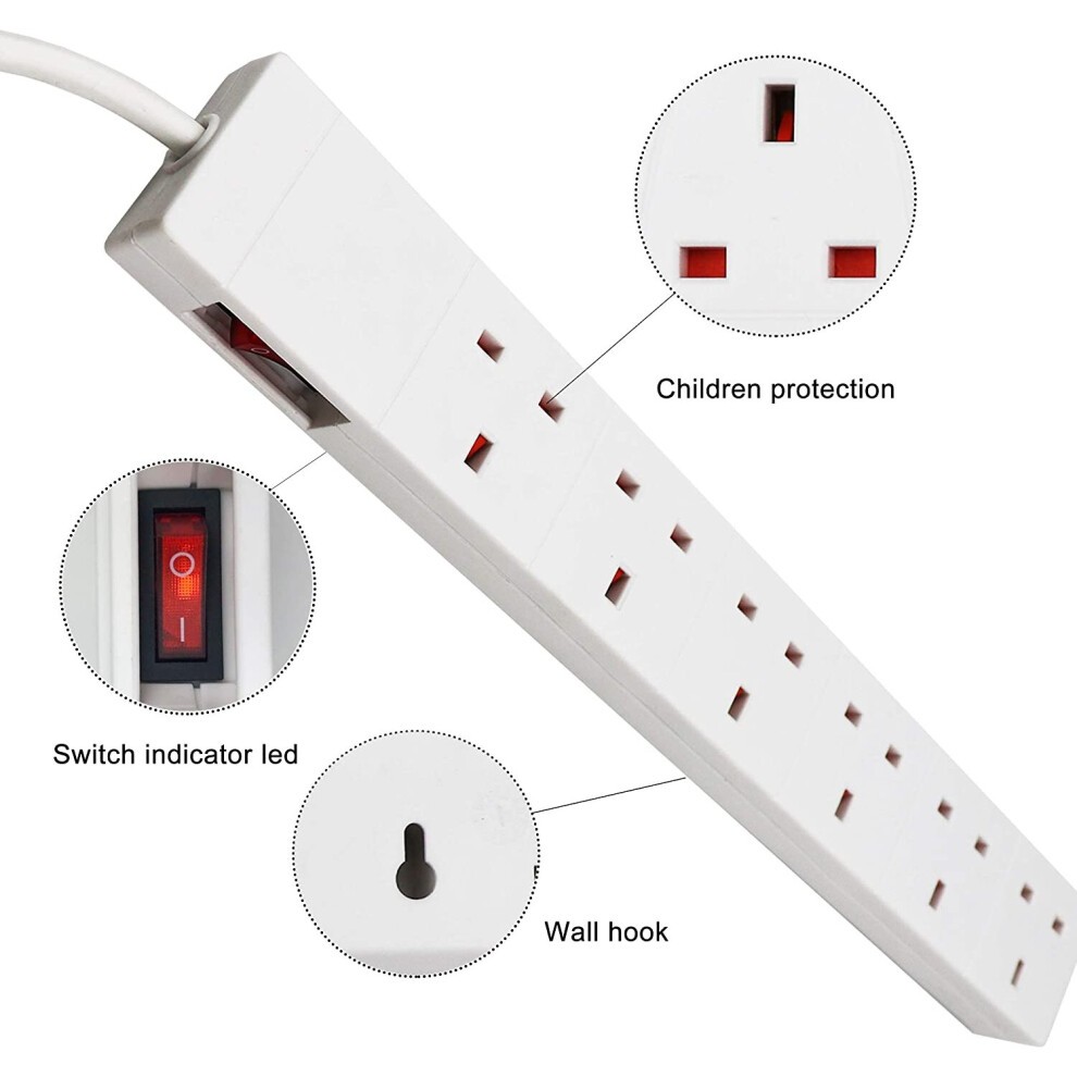 White 6-gang extension lead with LED indicator, side switch, and child protection features, featuring a 1M cord and UK plug, designed for a maximum load of 3120W.