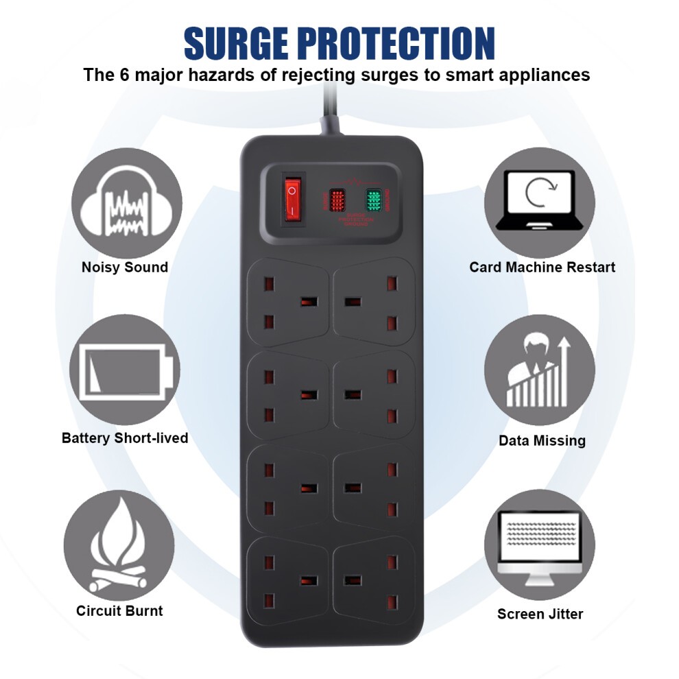 ExtraStar 8 Gang 13A Black Switched Surge-Protected Extension Lead 5m - image 2