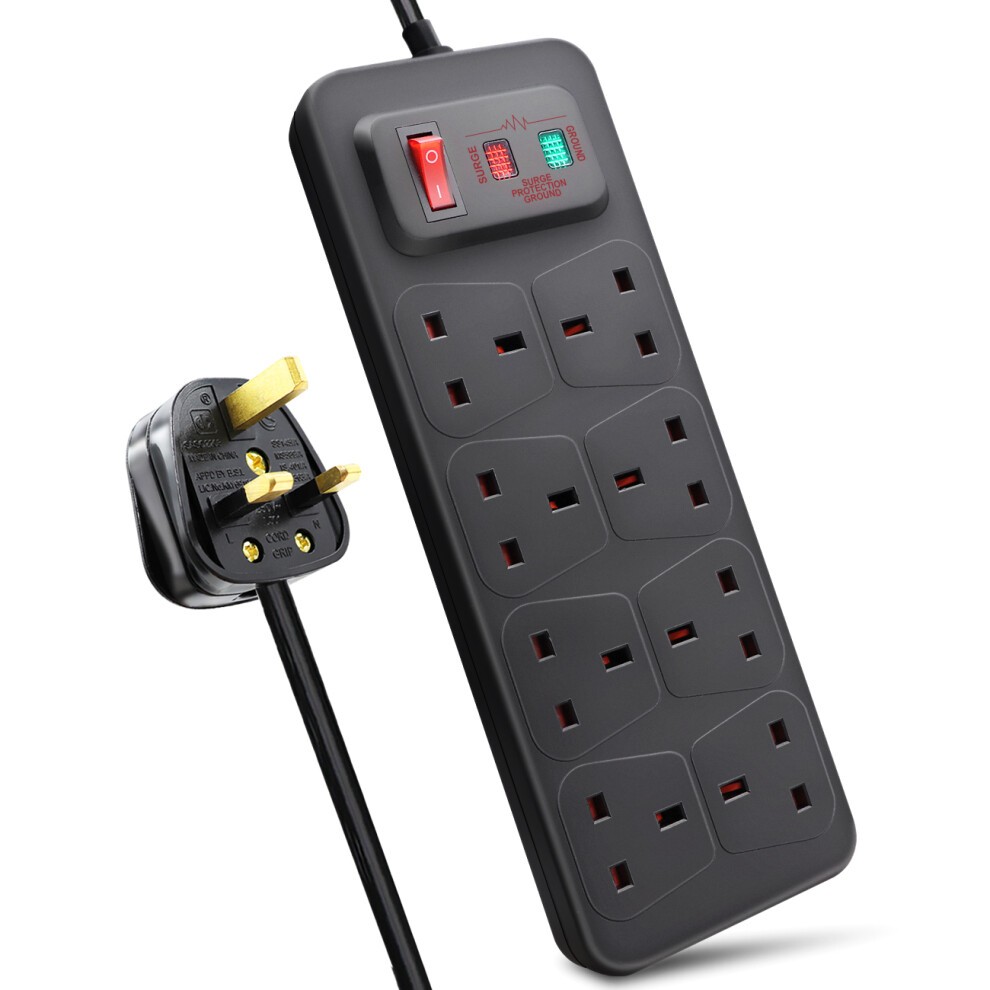 Black 8-gang switched surge-protected extension lead with a 5-meter cord, featuring a red on/off switch and indicator lights, designed for 13A use.