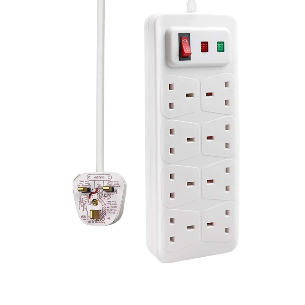 White 8-gang switched surge-protected extension lead with a 2-meter cable, featuring a power switch and indicator lights, made of durable plastic.