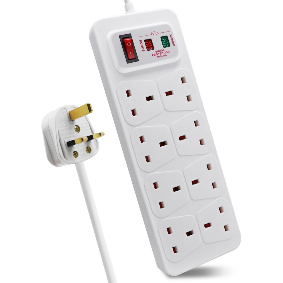 White 8-gang switched surge-protected extension lead with a 5-meter cord, featuring a red power switch and indicator lights, designed for 13A usage.