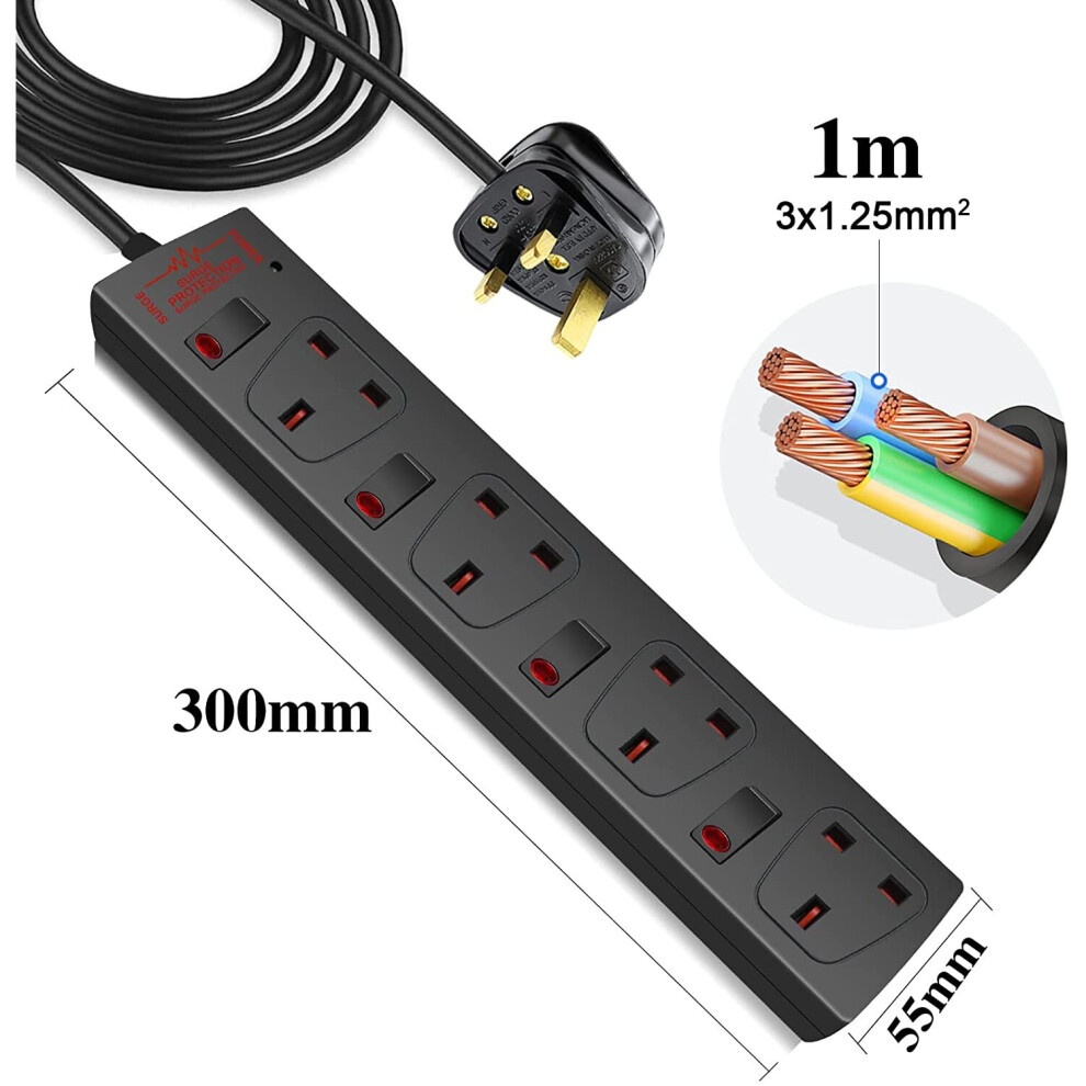 Black 4-way extension lead with surge protection, individual switches, 1-meter cable, and a UK plug, featuring red indicator lights on each outlet.
