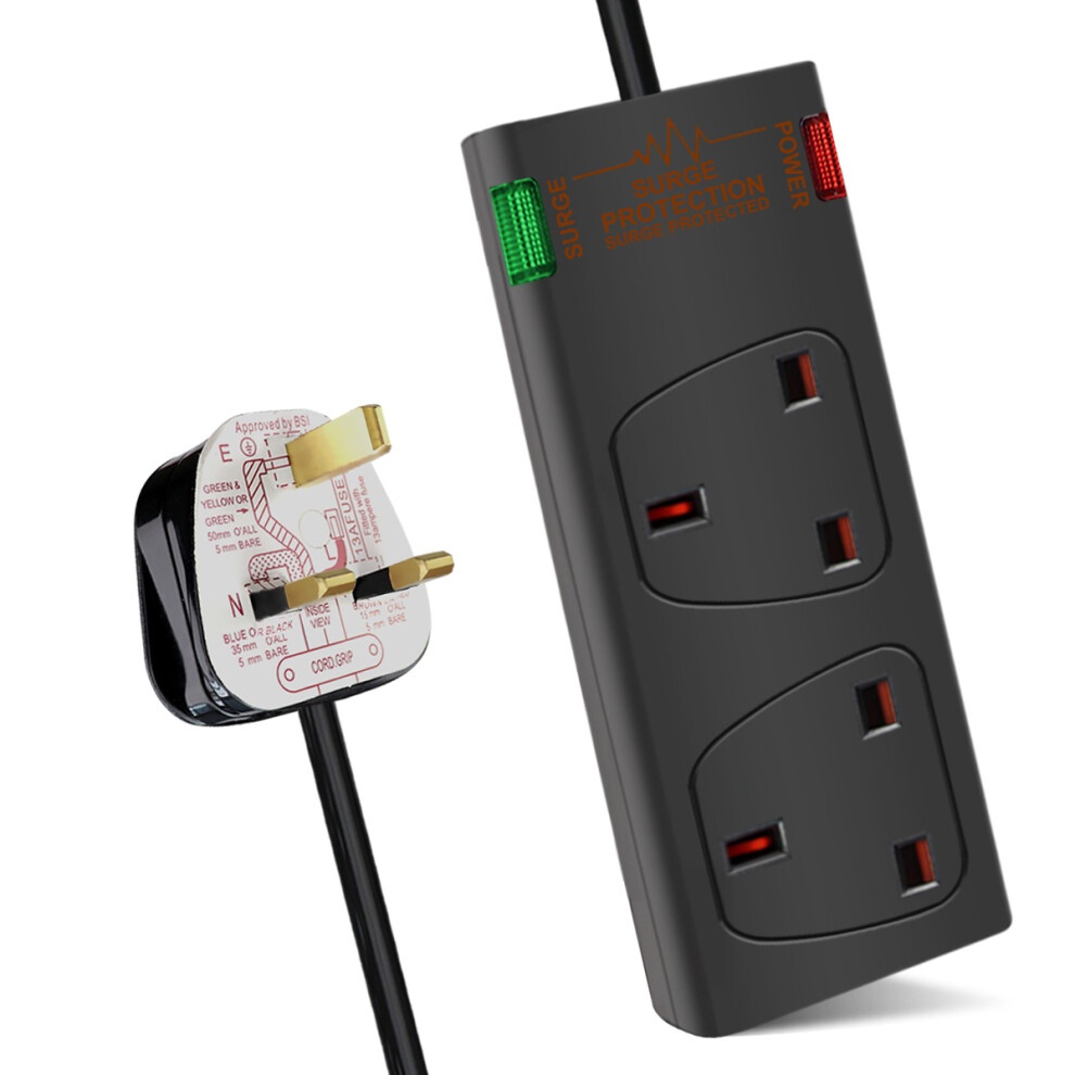 Black 2-gang surge-protected extension lead with a 2-meter cord, featuring two red sockets, a green power indicator, and a surge protection light.