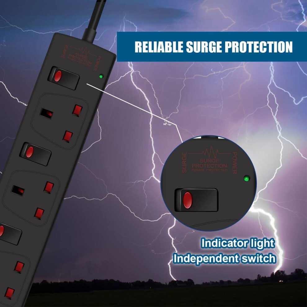 ExtraStar Black 13A 2m 6 Socket Individually Switched Surge Protected Extension Lead - image 2
