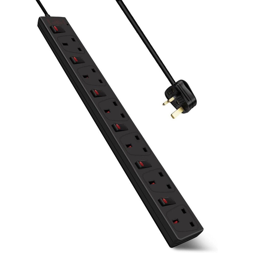 Black 6-gang surge-protected extension lead with individually switched sockets, 2 meters long, featuring a sturdy design and a right-angle plug.