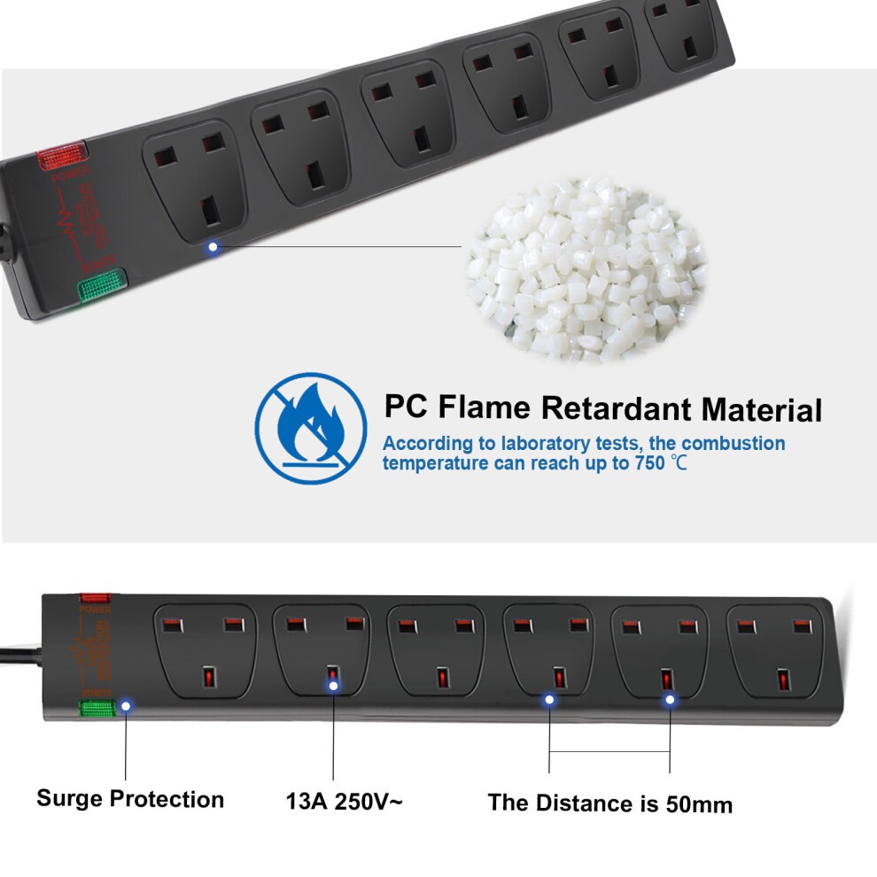 Black 6-gang surge-protected extension lead with a 2-meter cord, featuring 13A capacity, flame-retardant material, and indicator lights for power status.
