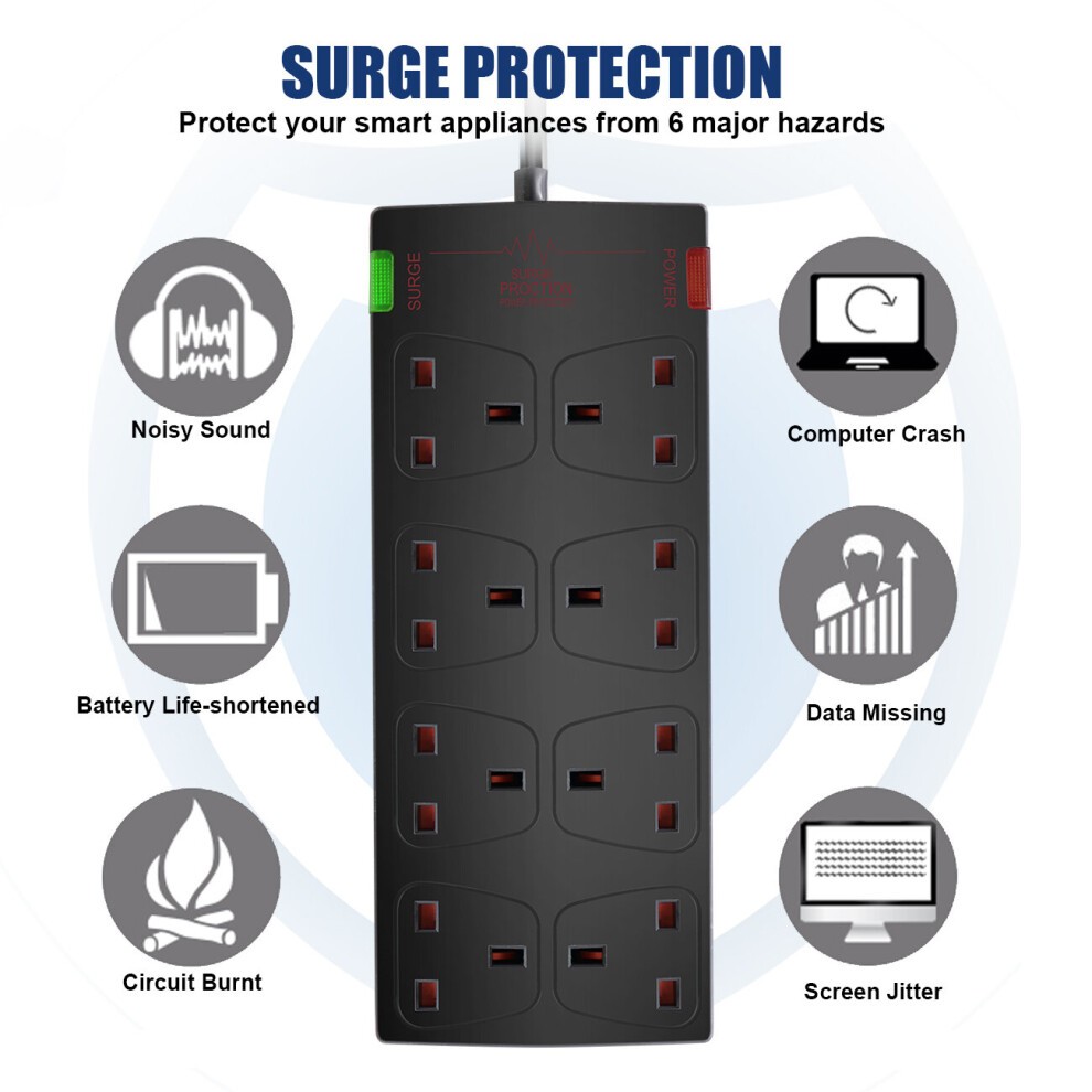 Black 8-gang surge-protected extension lead with a 2-meter cord, featuring 13A capacity, multiple sockets, and indicator lights for surge protection status.