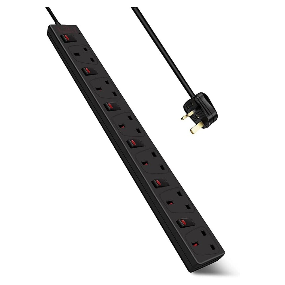 Black 6-gang extension lead with individually switched outlets, surge protection, 3-meter length, and a 13A plug, featuring red switches on each socket.