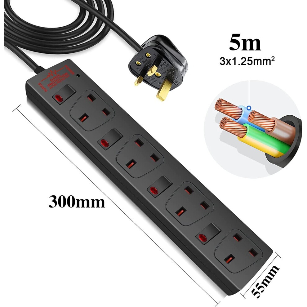 Black 4-way socket with a 5m cable, individual switches, indicator light, and surge protection, featuring a sleek design and durable material.