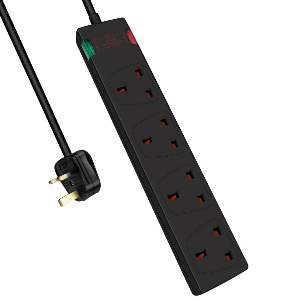 Black 4-gang surge-protected extension lead with a 5-meter cable, featuring four red socket outlets, a green power indicator, and a black plug.