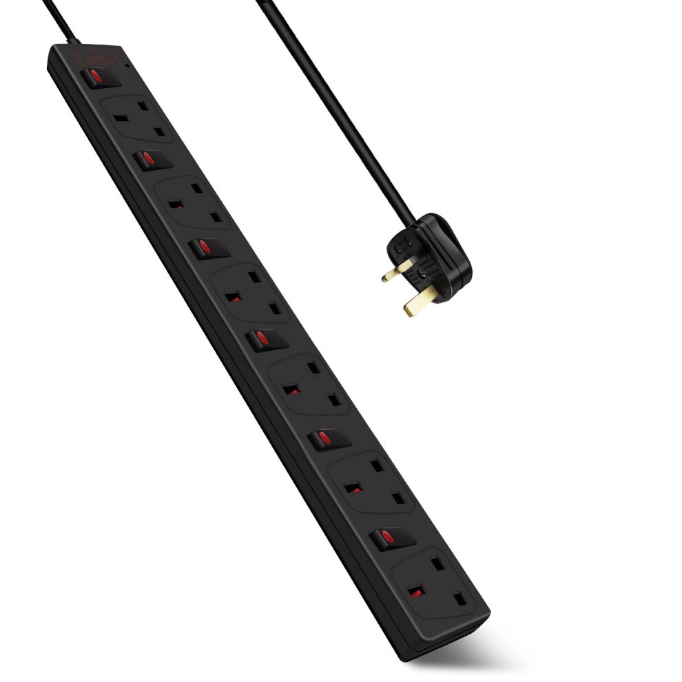 Black 6-gang surge-protected extension lead with individually switched sockets, 5 meters long, featuring a durable design and a black power cord with a UK plug.