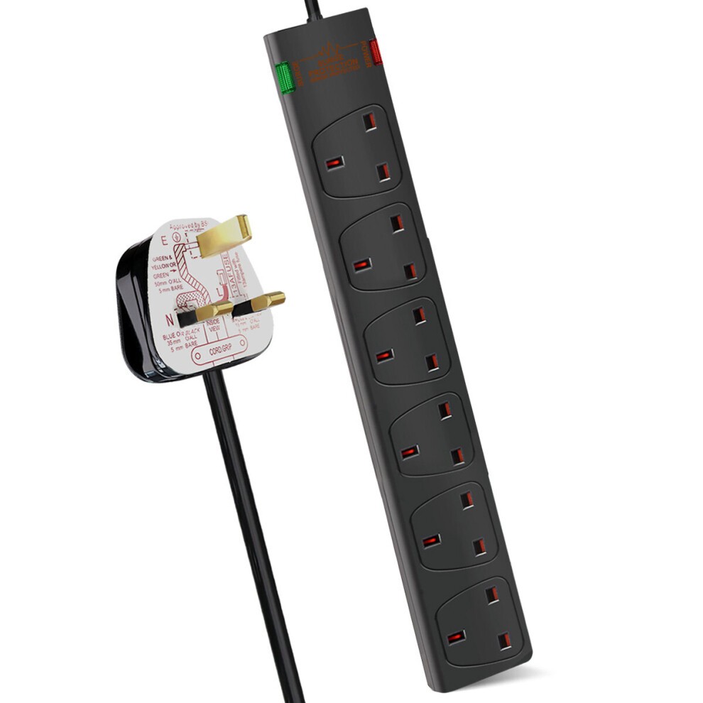 Black 6-gang surge-protected extension lead with a 5-meter cable, featuring six red socket outlets and a white plug with three prongs.