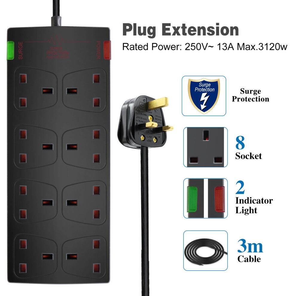 Black 8-gang surge-protected extension lead with a 5-meter cable, featuring 8 sockets, surge protection indicator, and two power indicator lights.