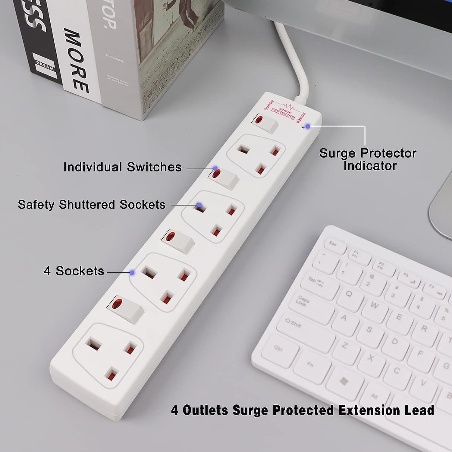 ExtraStar White 13A 1m 4 Socket Individually Switched Surge Protected Extension Lead - image 4