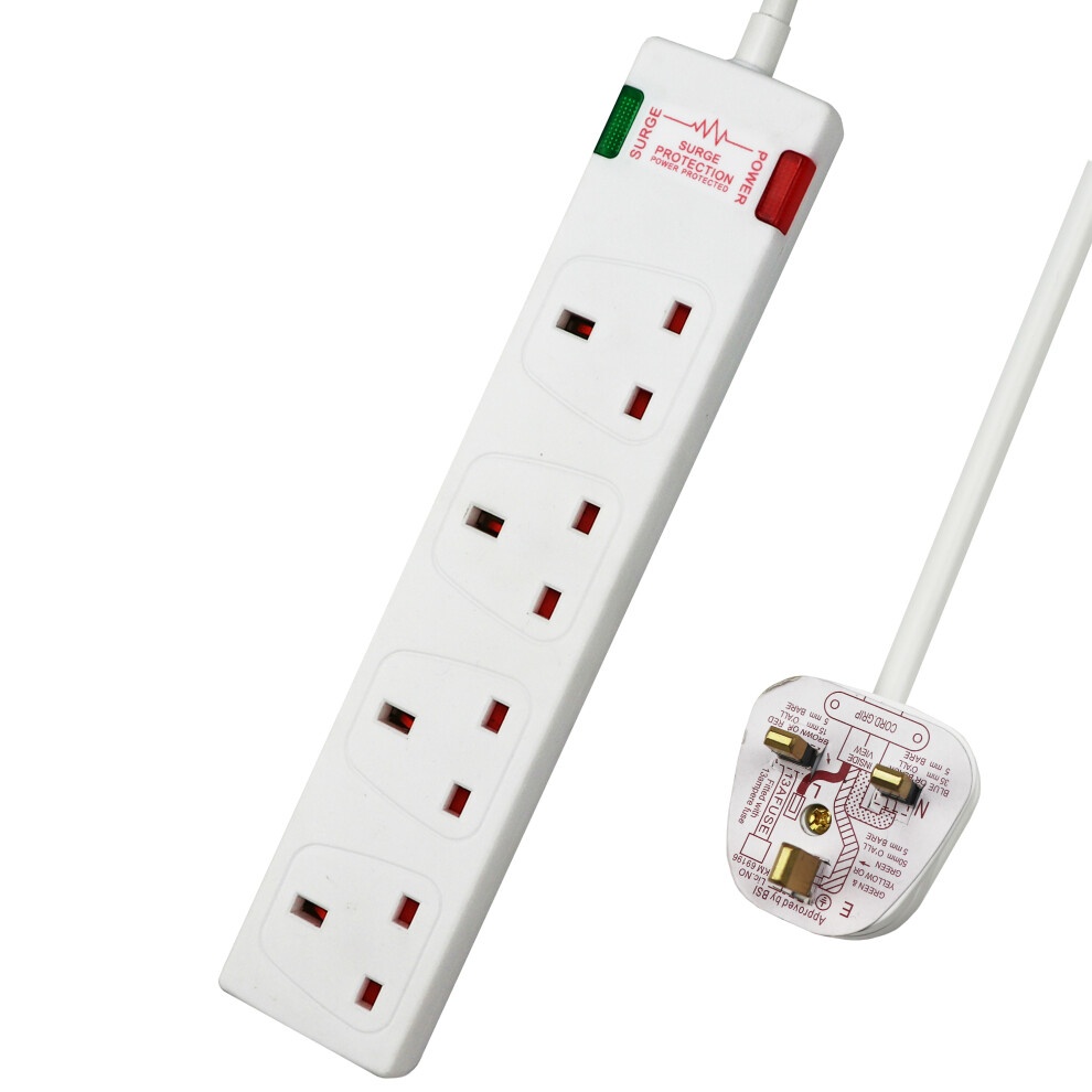 White 4-gang surge-protected extension lead with a 1-meter cord, featuring four UK sockets, a red power indicator, and a green surge protection indicator.