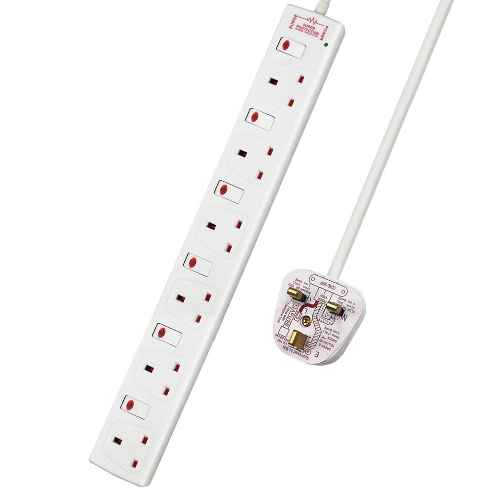 White 6-gang surge-protected extension lead with individually switched sockets, featuring a 1M cable and a 13A plug, designed for safety and convenience.