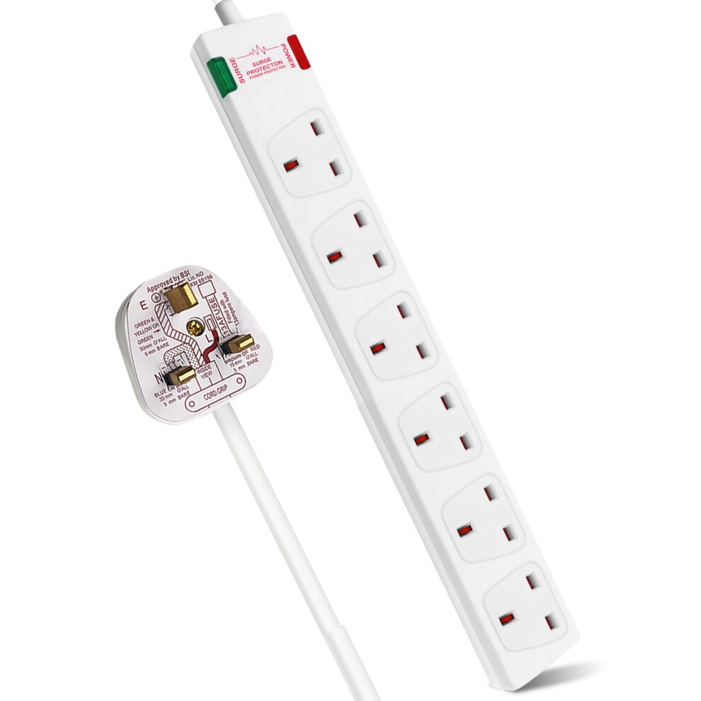 White 6-gang surge-protected extension lead with a 1M cable, featuring red power indicators and a compact, rectangular design for multiple devices.