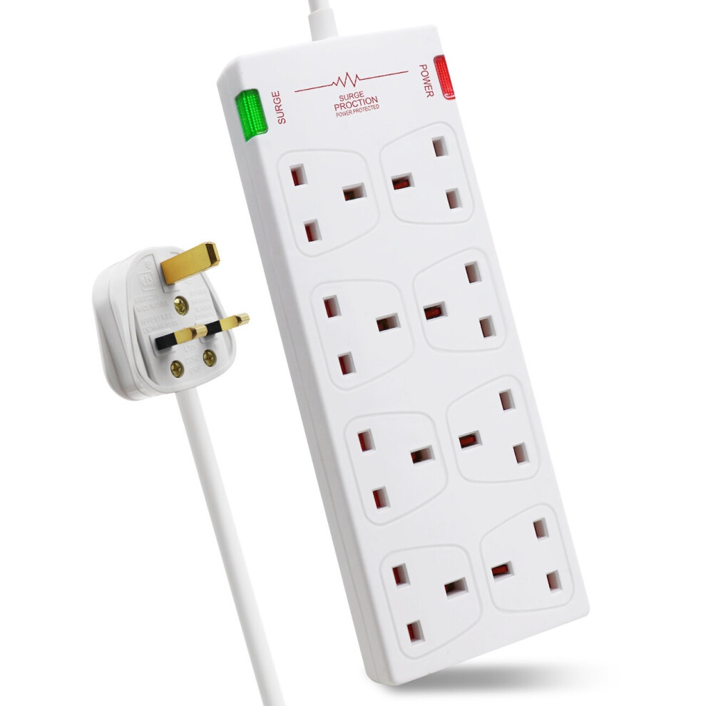 White 8-gang surge-protected extension lead with a 1m cable, featuring red and green indicator lights, and UK plug with gold prongs.