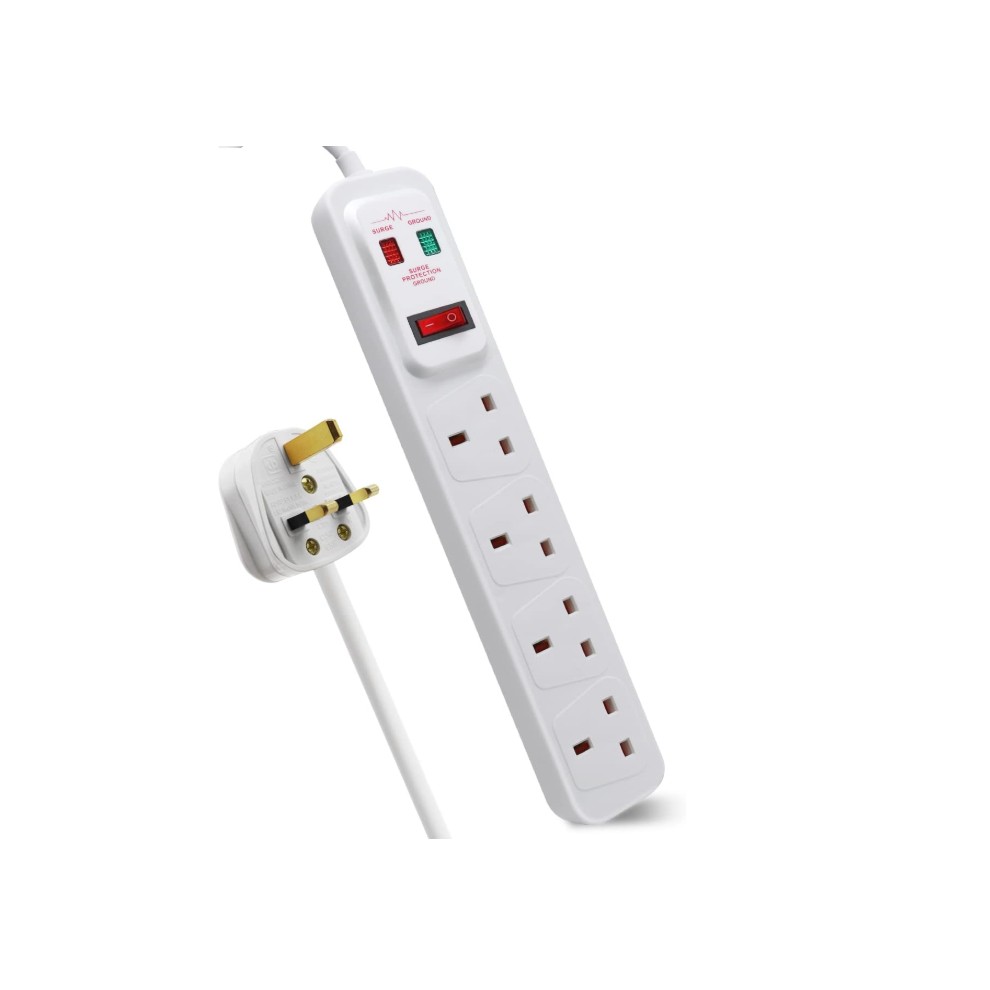 White 4-way socket with 13A rating, 2-meter cord, individual switches, surge indicator, and indicator light, featuring a sturdy plastic design and multiple outlets for convenience.