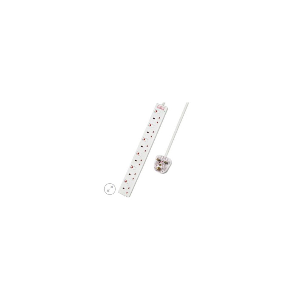 White 6-gang extension lead with individually switched sockets, surge protection, 2-meter length, and a 13A plug, featuring a sleek plastic design.