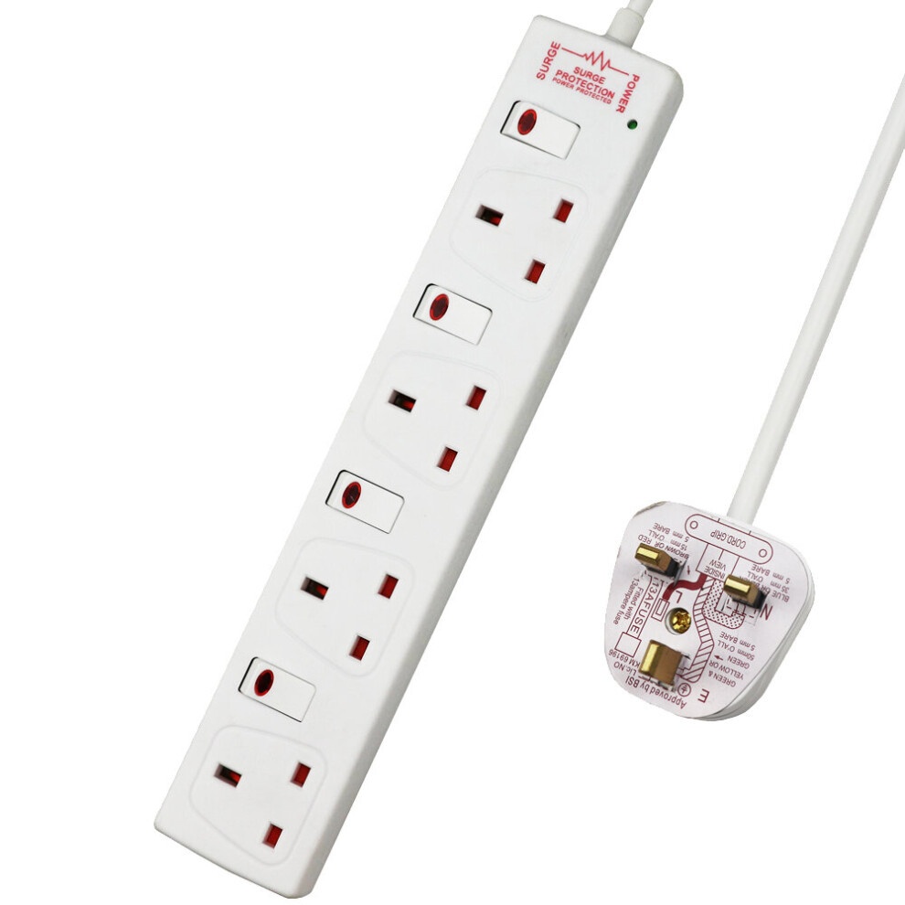 White 4-way socket with a 3M cable, featuring individually switched sockets, surge protection, and a 13A rating, designed for safe and convenient power distribution.