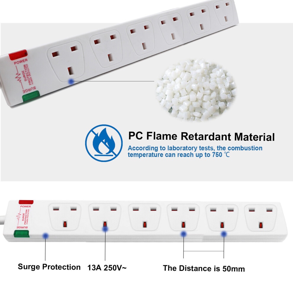 White 6-gang surge-protected extension lead with a 3-meter cable, featuring 13A sockets, flame-retardant material, and clear labeling for safety and specifications.