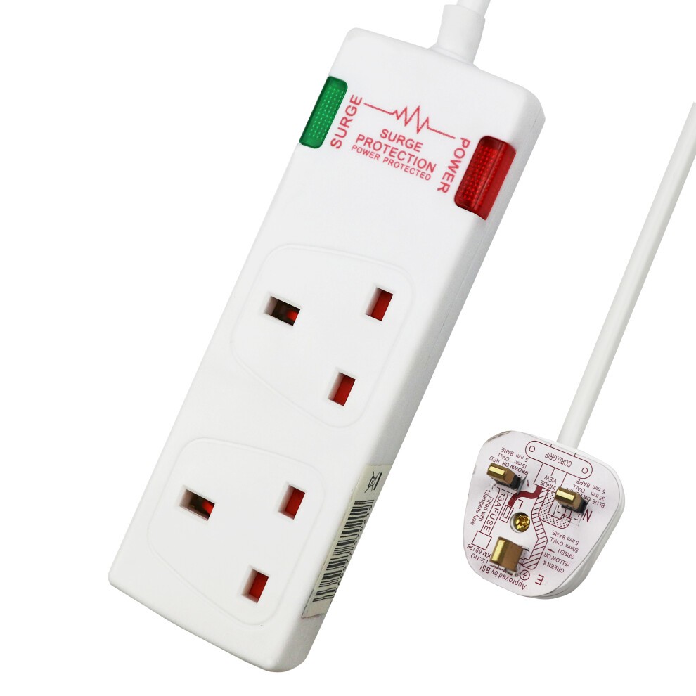 White 2-gang surge-protected extension lead with a 5-meter cable, featuring red and green indicator lights for surge protection and power status, and a standard UK plug.